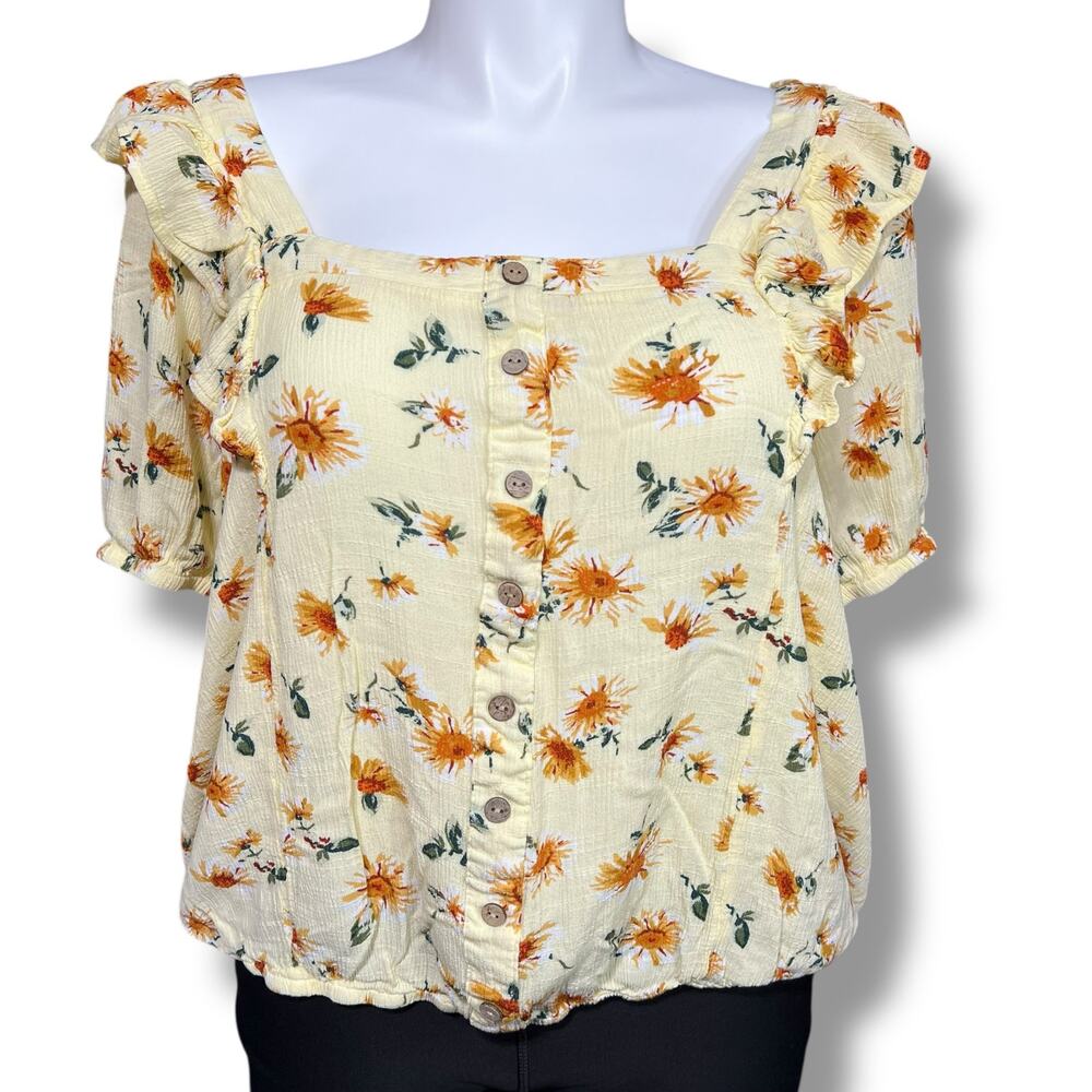 Maurices Womens Blouse Shirt Top Bubble Hem Ruffle Floral Yellow Orange 2X